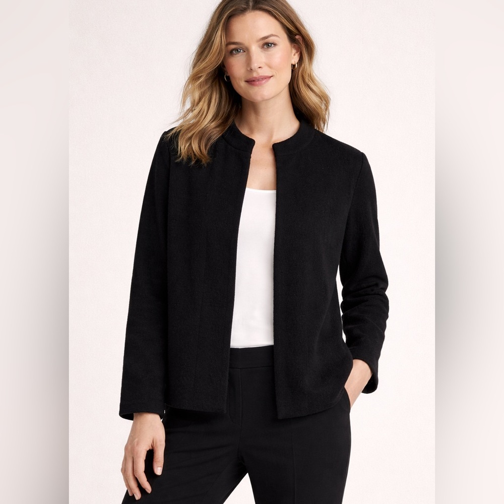 Vintage Eileen Fisher 100% Wool Black Open Front Blazer Sweater Sz S Style J993A